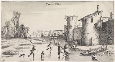 Winterlandschaft mit Schlittschuhläufern bei einer Stadtmauer von Jan van de Velde (II)