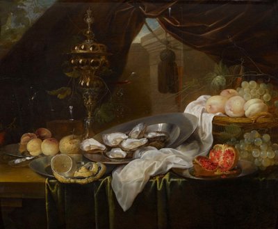 Stillleben mit goldener Tasse, Façon de Venise Glaswaren, Früchten und Austern von Jan van den Hecke