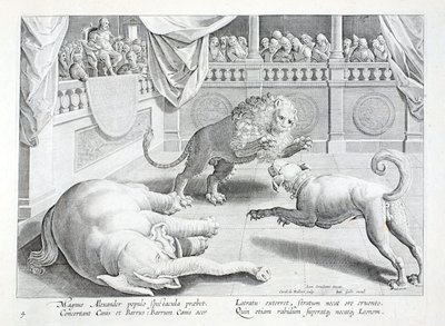 Alexander der Große veranstaltet ein Spektakel, ein Kampf zwischen Löwe, Hund und Elefant, Illustration aus 