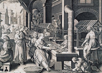 Vermis sericus, Frauen spinnen Seide und erhitzen Seidenraupen am Feuer, Gravur von Stradanus (1523-1605), Italien von Jan van der Straet