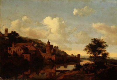 Eine befestigte Stadt über einem Fluss von Jan van der Heyden