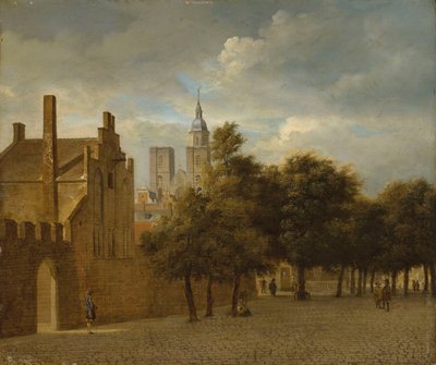 Stadtansicht mit promenierenden Figuren, eine Kirche dahinter von Jan van der Heyden