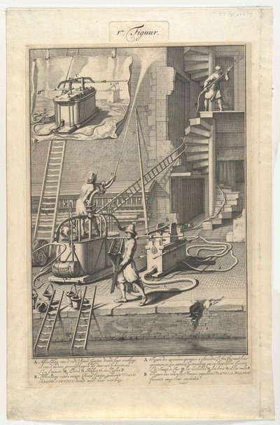 Alte Feuerspritzen und neue Schlauchfeuerspritzen von Jan van der Heyden