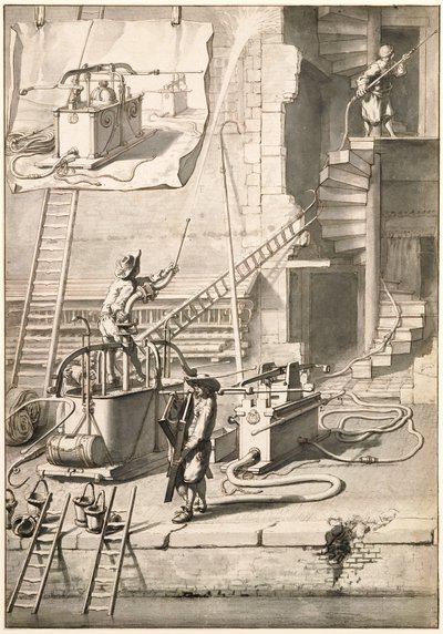 Vergleich der alten Feuerspritzen mit Van der Heydens Schlauchfeuerspritze von Jan van der Heyden