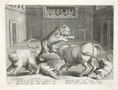 Adlige beobachten den Kampf wilder Tiere in einem Zirkus, Illustration aus 