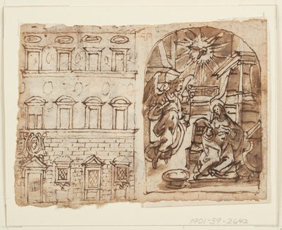 Seite eines Skizzenbuchs; Erhebung des Palastes, Verkündigung, Letztes Abendmahl von Jan van der Straet, called Stradanus