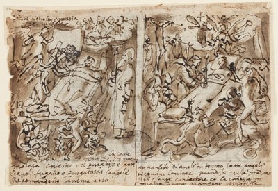 Seite eines Skizzenbuchs; Himmlische Mächte helfen Frommen; Skizze für Porträt eines Heiligen; Dekoration des Giebels von Jan van der Straet, called Stradanus