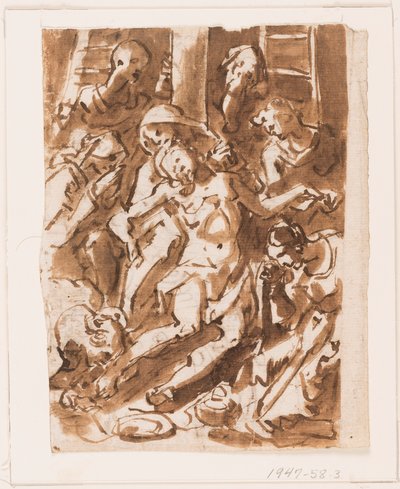 Seite eines Skizzenbuchs; Maria hält den Körper Christi am Fuß des Kreuzes von Jan van der Straet, called Stradanus
