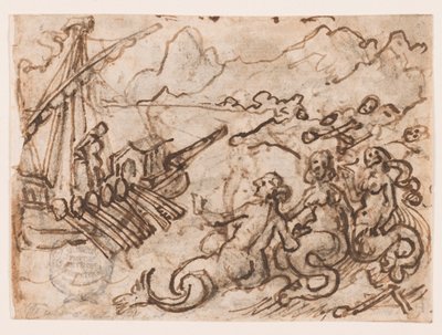 Seite eines Skizzenbuchs: Odysseus passiert die Sirenen (recto); Odysseus in der Unterwelt (verso) von Jan van der Straet, called Stradanus