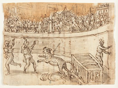 Kaiser Commodus tötet einen Leoparden von Jan van der Straet, called Stradanus