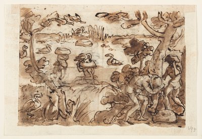 Recto: Entenjagd mit Kürbissen in Westindien; Verso, oben: Krokodiljagd am Nil; Verso, unten: Tigerjagd mit Fallen und Spiegeln von Jan van der Straet, called Stradanus