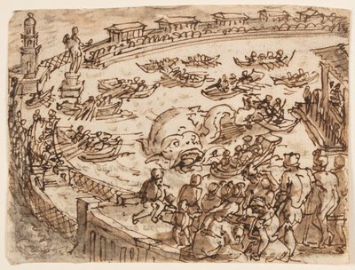 Recto: Walfang durch Kaiser Claudius im Hafen von Ostia; Verso: Inschrift zu Plinius des Älteren Naturgeschichte, Buch 9, Kap. 5 von Jan van der Straet, called Stradanus