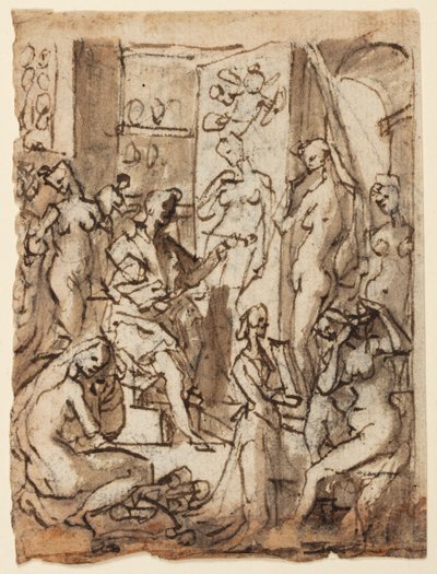 Recto: Zeuxis malt Helena; Verso: Studien von Figuren für eine Illustration des achten Kreises, zehnter Bolgia von Dantes Inferno (Fälscher: Maestro Adamo, Sinon von Troja, Potiphars Frau) von Jan van der Straet, called Stradanus