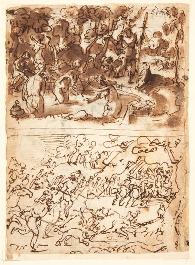 Recto, oben: Diana und Actaeon; Recto, unten: Wildschweinjagd; Verso, oben: Studien von zwei Männerköpfen; Verso, unten: Begegnung von Anna und Joachim am Goldenen Tor, Die Beschneidung des Christkindes von Jan van der Straet, called Stradanus