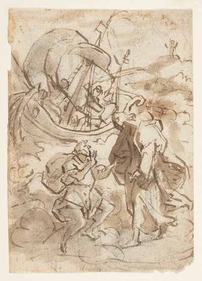Skizzenbuchseite mit Christus, der über Wasser geht von Jan van der Straet, called Stradanus