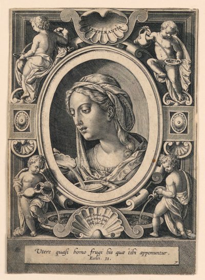 Mäßigkeit, Platte 7 von "VII Virtutim...Imagines" von Jan van der Straet, called Stradanus