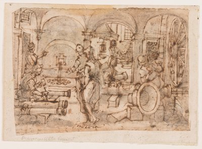 Die Erfindung des Schießpulvers, Entwurf für "Pulvis Pyrius," pl. 3 in der Nova Reperta (Neue Erfindungen der Neuzeit) Druckserie von Jan van der Straet, called Stradanus