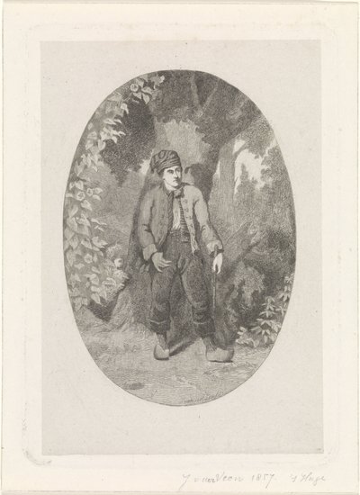 Mann bei einem Baum im Wald von Jan van der Veen (prentmaker)