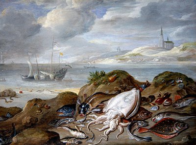 Eine Flussmündung mit Fischen auf einer Düne von Jan van the Elder Kessel