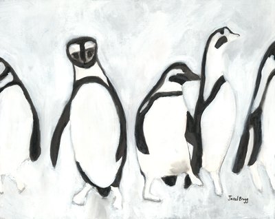 Pinguine im Woodland Park Zoo, um 2021 (Sumi-Tinte und Gesso auf Papier) von Janel Bragg