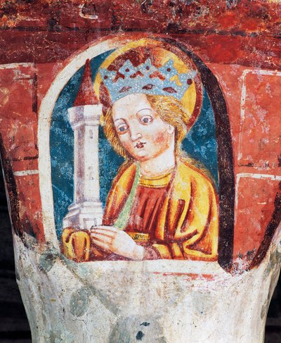 Hrastovlje Wehrkirche, Dreifaltigkeitskirche, Heilige Barbara, Detail aus Fresken von Janez Iz Kastva (1490), Slowenien von Janez Kastav