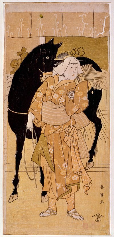 Ein Schauspieler, der einen Bauern und sein Pferd darstellt. Japanischer Druck aus dem 19. Jahrhundert. Paris, Musée Guimet, Nationalmuseum für Asiatische Kunst von Japanese School