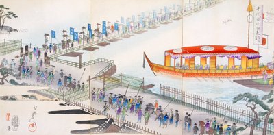 Teilnahme an einem Fest: Überqueren einer Pontonbrücke zur heiligen Stätte von Japanese School