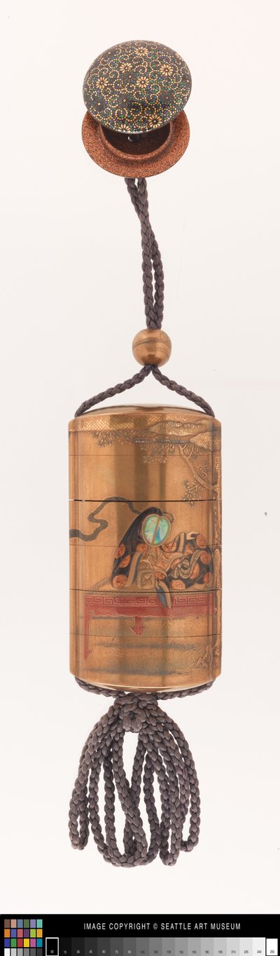 Inro dekoriert mit einer Hofdame, ojime und netsuke von Japanese School