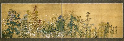 Japanische Kunst: Paravents mit Blumenmotiven. Stil der Rimpa-Schule (1596-1615). Malerei auf Seide. Private Sammlung von Japanese School
