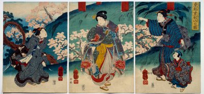 Japanische Kunst: Frauen im Frühling. Druck aus dem 19. Jahrhundert von Japanese School
