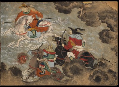 Berittene Soldaten kämpfen gegen Dämonen, Illustration aus dem 