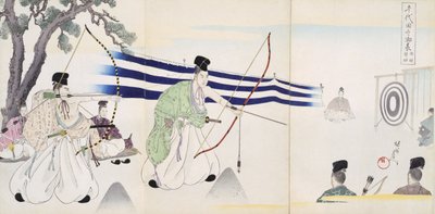 Adlige beim Bogenschießen, aus einem Album von Holzschnitten von Japanese School