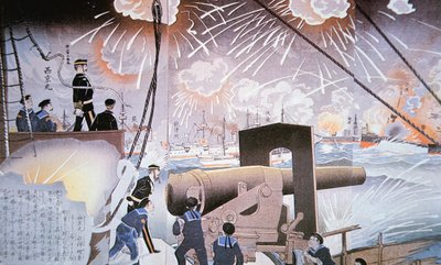 Gemälde der Schlacht am Yalu-Fluss im September von Japanese School