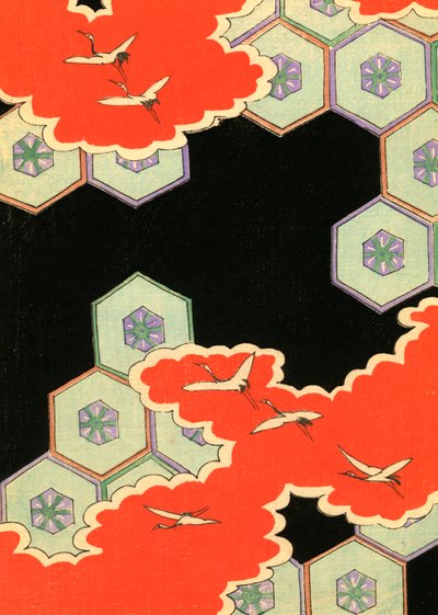 Rote Wolken mit fliegenden Kranichen von Japanese School