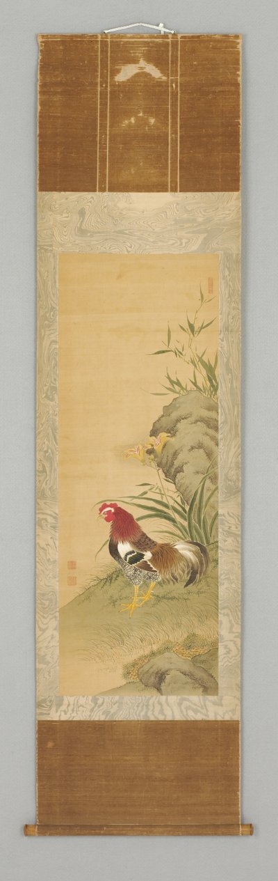 Hahn bei einem Felsen, spätes 18. oder frühes 19. Jahrhundert (Hängende Rolle: Tinte und Farbe auf Seide, Holz) von Japanese School