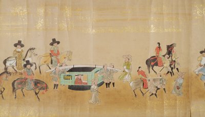 Sechste koreanische Gesandtschaft nach Japan in Meireki 1 zur Zeit der Nachfolge von Tokugawa Ietsuna im Jahr 1651, möglicherweise von Kano Masunobu (1625-94) (Rollbild) (Detail) von Japanese School