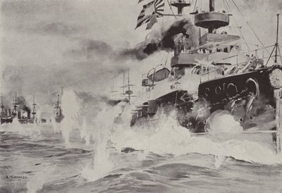 Die Mikasa kämpft tapfer gegen das russische Geschwader vor Port Arthur am 10. August von Japanese School