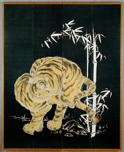 Tiger und Bambus, Motiv auf zweiflügeligem Baumwollschirm (byobu), Reisstärke und Indigo-Tauchbad mit Pigmenten, japanische Zivilisation, Meiji-Taisho-Periode von Japanese School