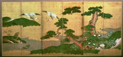 Zwei Kraniche tauchen hinter Kiefer und Felsen, Edo-Periode von Japanese School
