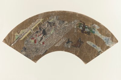 Ohne Titel - fächerförmiges Gemälde von Damen, die in einem Pavillon ein Spiel spielen, 1603-1868 von Japanese School
