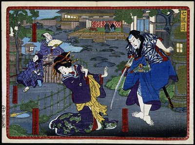 Frau im Kimono und Samurai - in „Die Rache der 47 Ronins“ 19. Jahrhundert: Kabuki-Serie von Japanese School