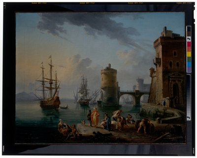 Hafenszene: Türkische Händler auf der Landungsbrücke vor Schiffen von Jean Baptiste Lallemand