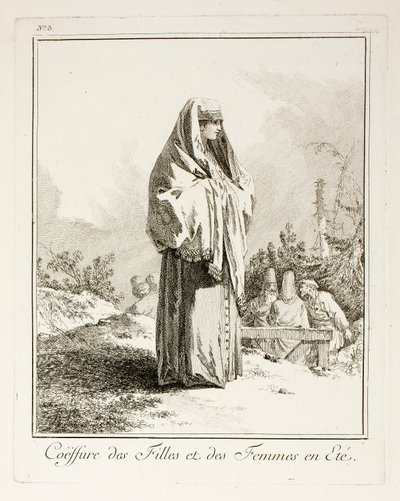 Kopfschmuck für Mädchen und Frauen im Sommer, Platte drei aus Verschiedene Trachten der Völker des Nordens von Jean-Baptiste Le Prince