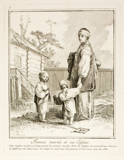 Verheiratete Frau und ihre Kinder, Platte fünf aus Divers Habillements des Peuples du Nord von Jean-Baptiste Le Prince