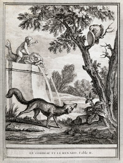 Der Rabe und der Fuchs, Illustration von Jean-Baptiste Oudry für die Fabel von Jean de La Fontaine von Jean Baptiste Oudry
