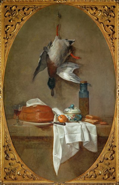 Ente, aufgehängt an einem Bein, Pastete, Schüssel und Topf mit Oliven von Jean-Baptiste Simeon Chardin