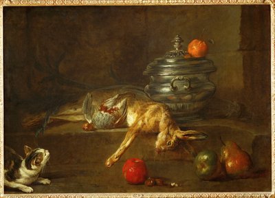 Katze betrachtet ein totes Rebhuhn und einen toten Hasen, neben einem Ölkrug von Jean-Baptiste Simeon Chardin