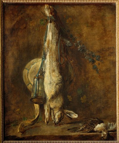 Toter Hase, Jagdtasche und Pulverflasche von Jean-Baptiste Simeon Chardin