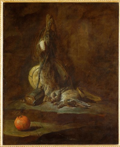 Zwei tote Hasen mit Jagdtasche, Pulverflasche und Orange von Jean-Baptiste Simeon Chardin