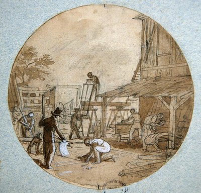 Die Werkstatt des Zimmermanns, Plattendesign für ein Service, das verschiedene Berufe darstellt, ca. 1820-35 von Jean Charles Develly